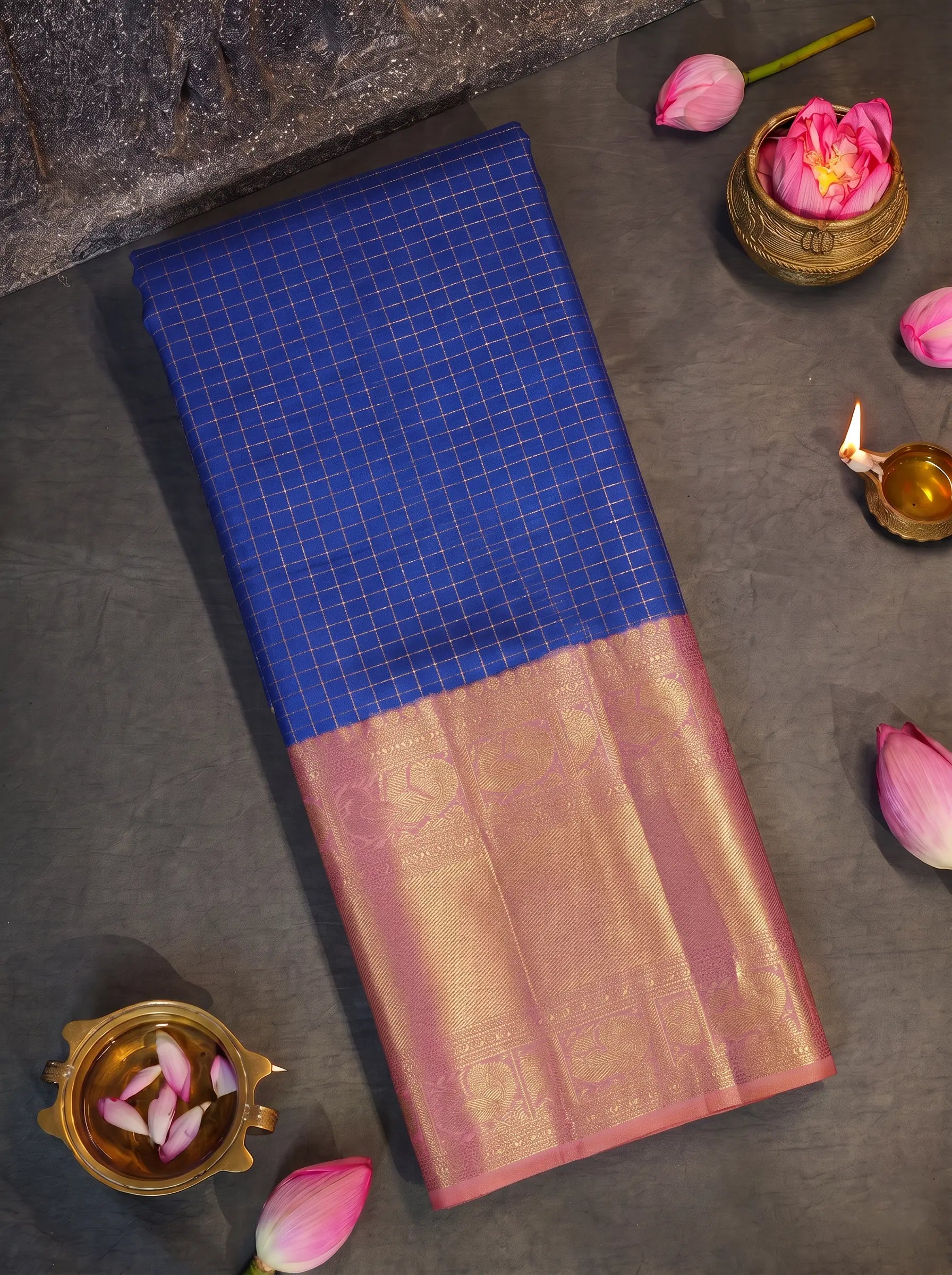 Blue & Baby Pink Pure Zari Vintage Kanjivaram Silk Saree