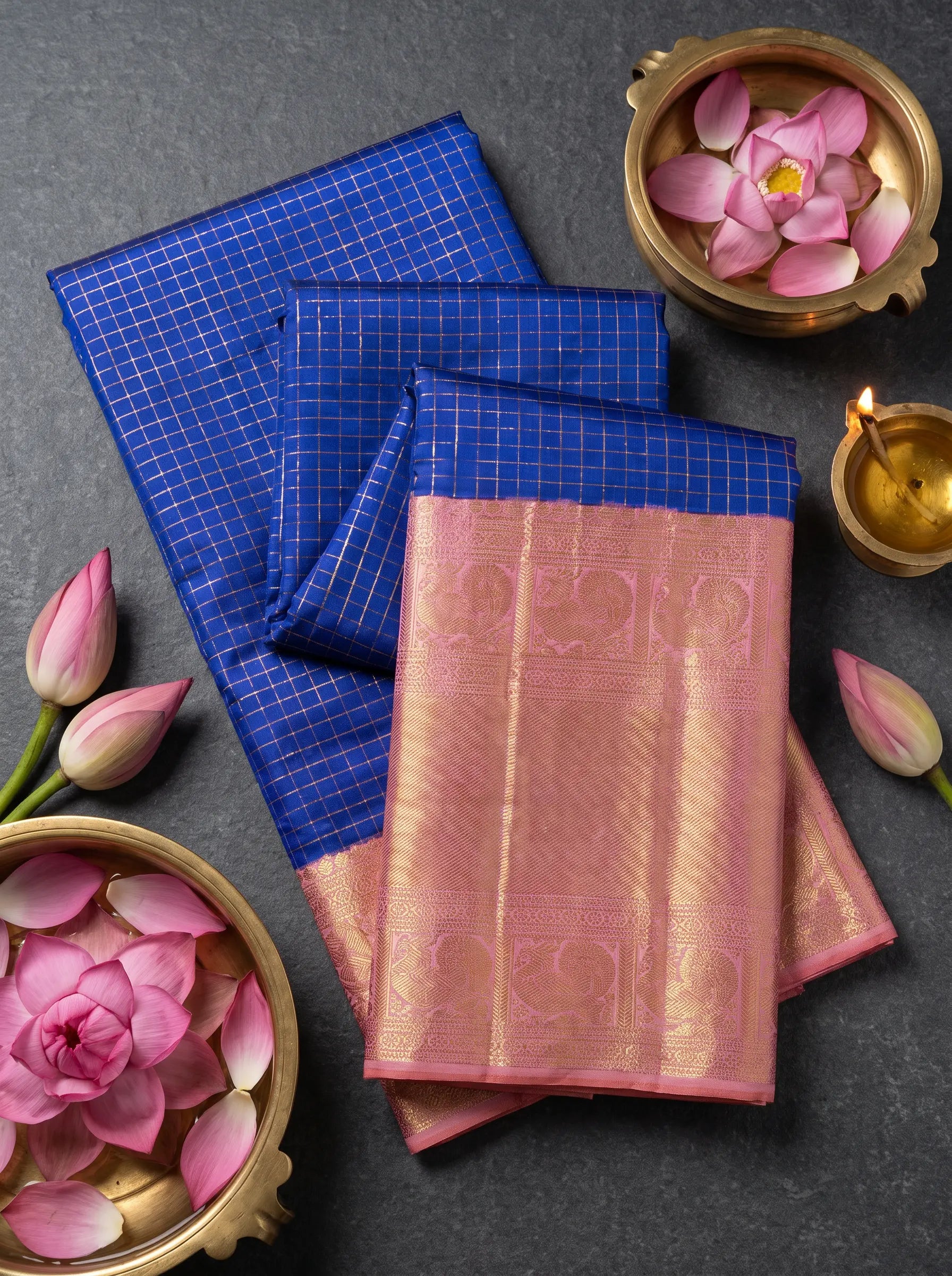 Blue & Baby Pink Pure Zari Vintage Kanjivaram Silk Saree