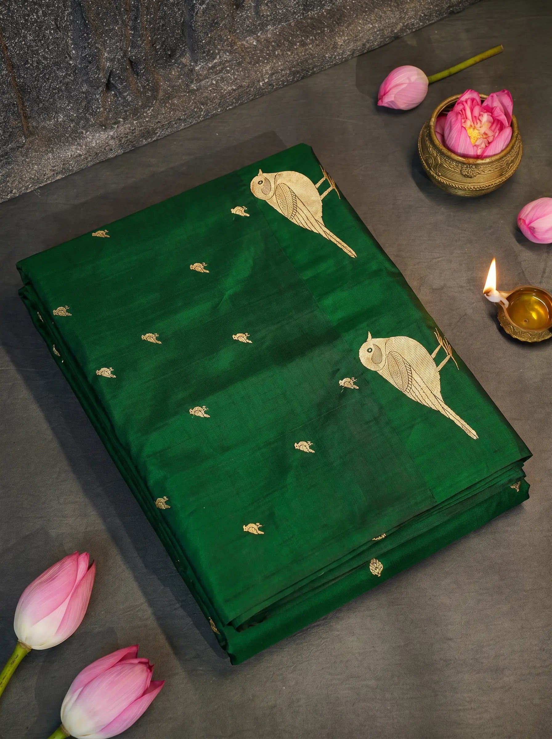 Dark Green Bird Handloom Banarasi Katan Silk Saree