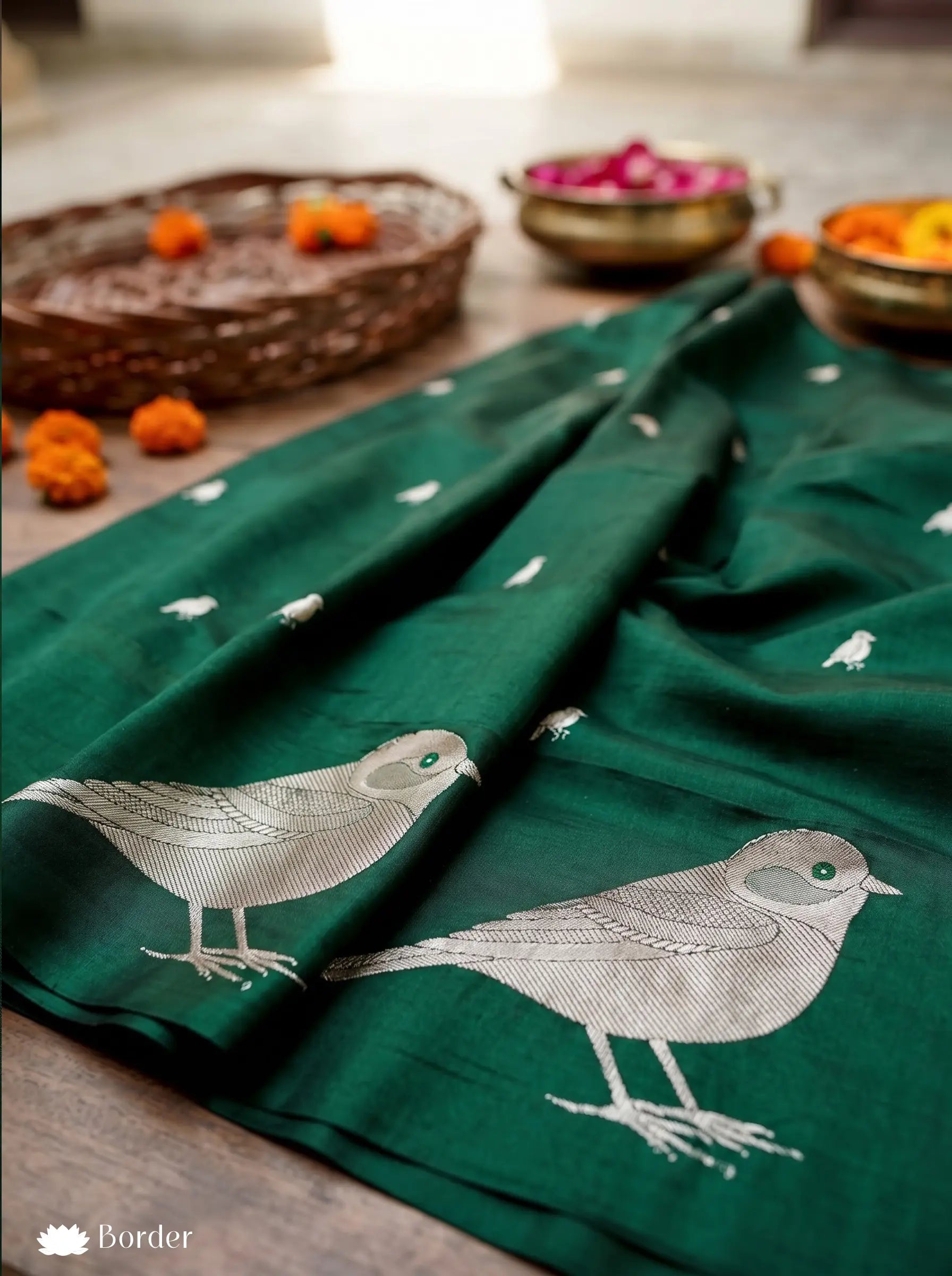 Dark Green Bird Handloom Banarasi Katan Silk Saree