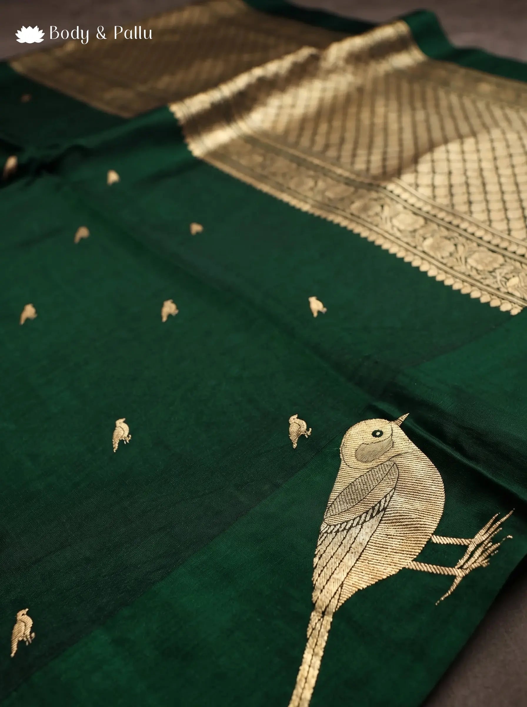 Dark Green Bird Handloom Banarasi Katan Silk Saree