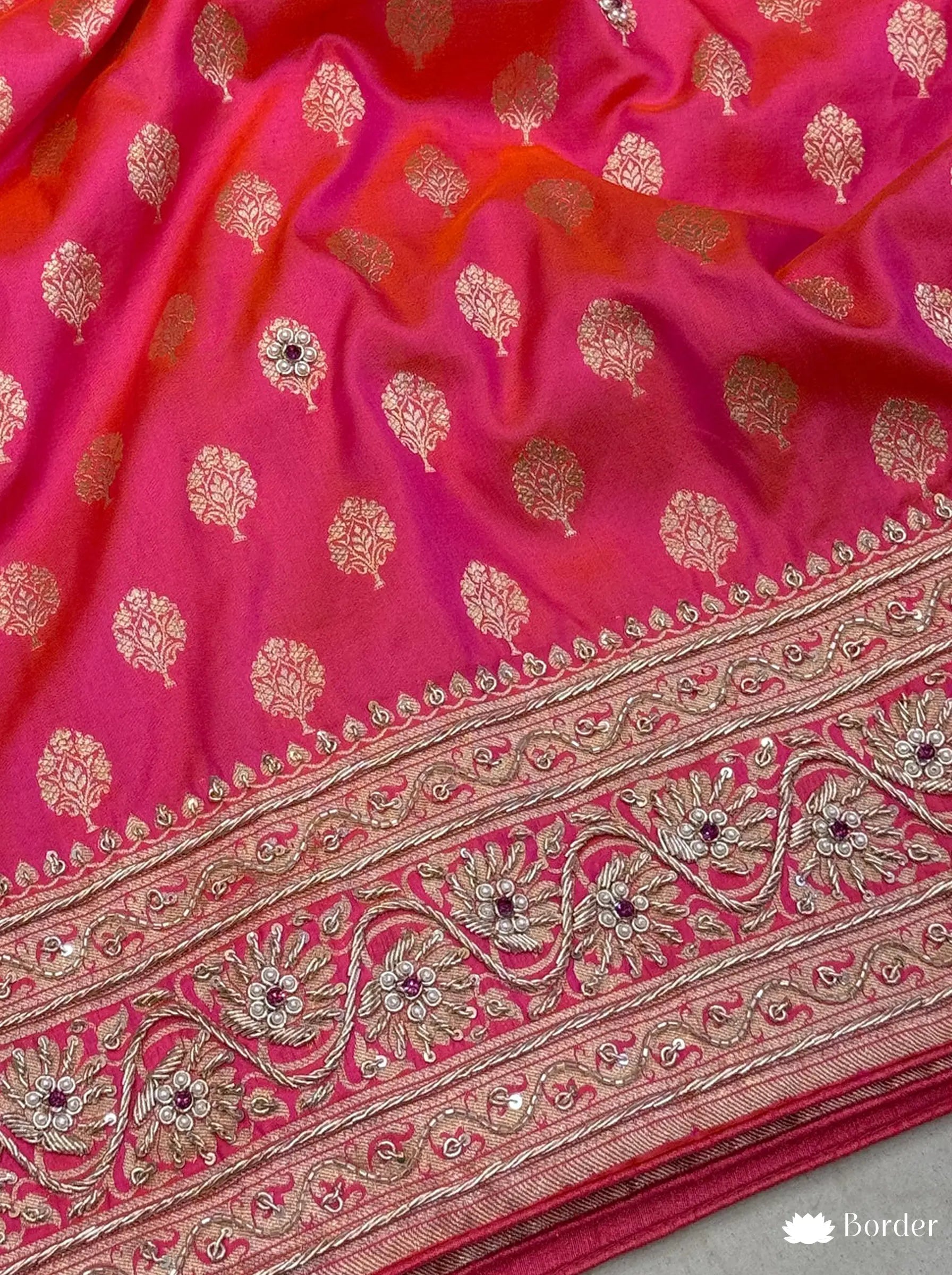 Pink Pure Banarasi Katan Zari Border Embroidered Wedding Saree