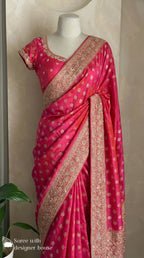 Pink Pure Banarasi Katan Zari Border Embroidered Wedding Saree