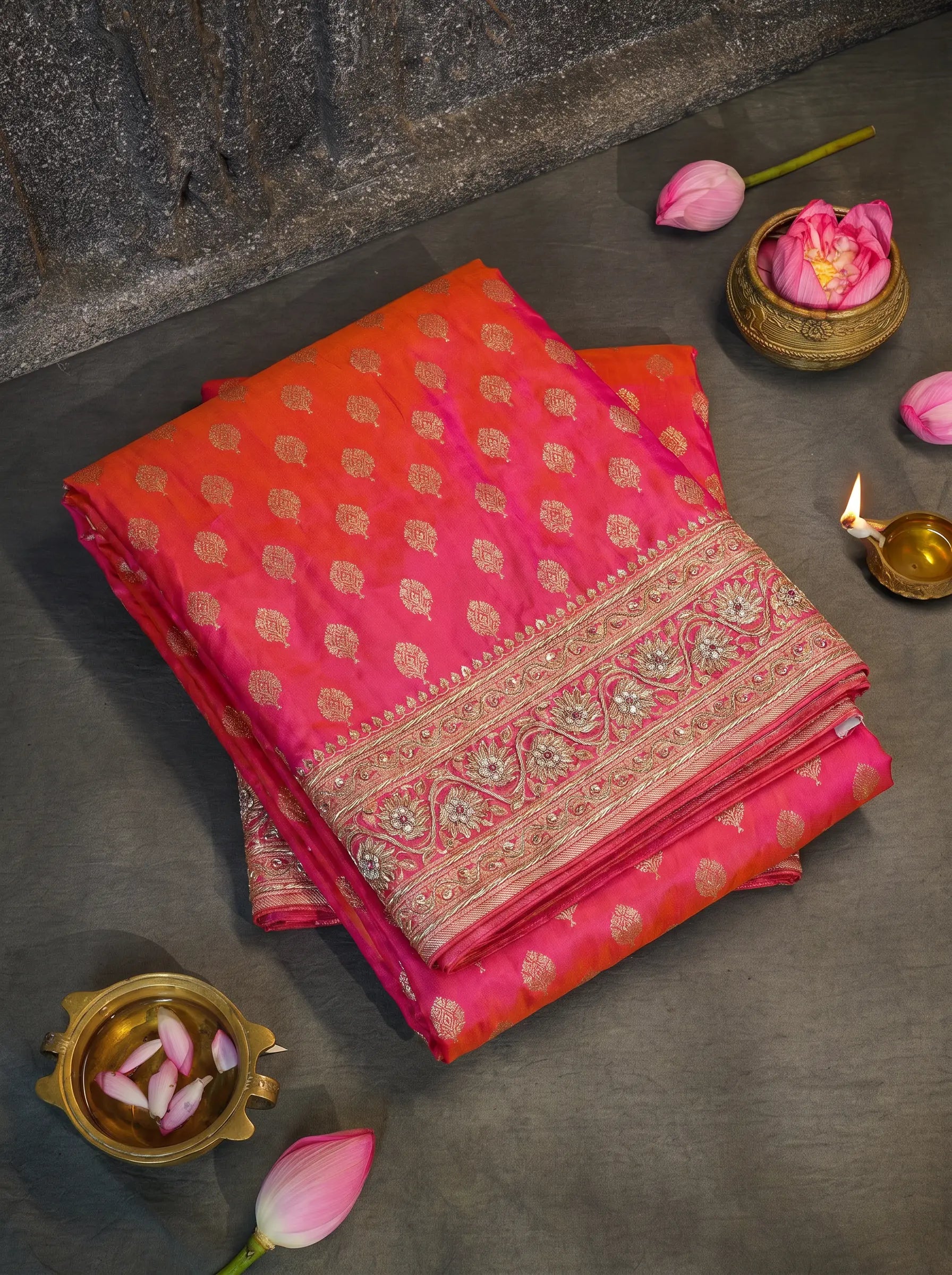 Pink Pure Banarasi Katan Zari Border Embroidered Wedding Saree