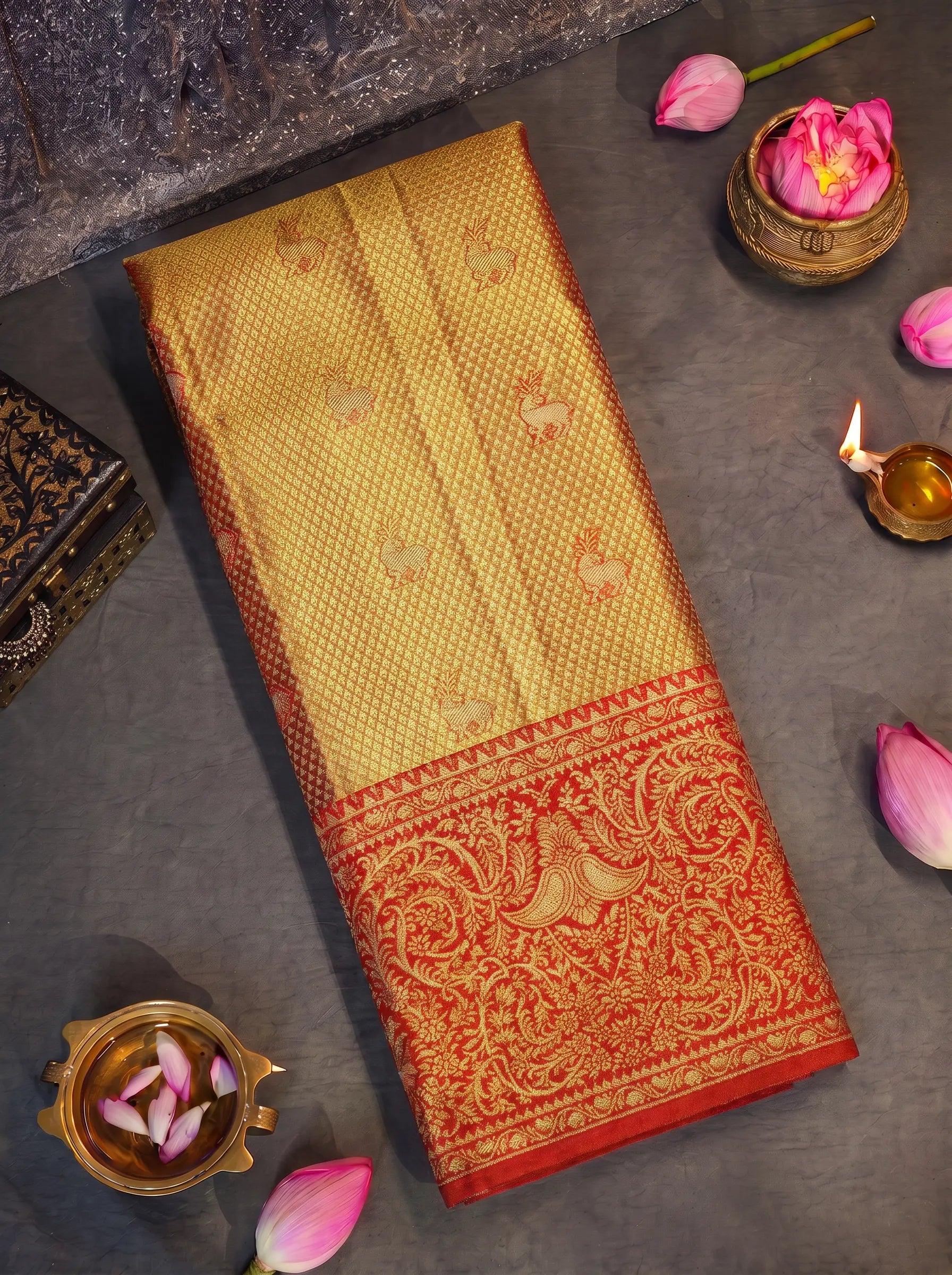 Red Bridal Kanjivaram Tissue Silk Saree with Big Zari Border