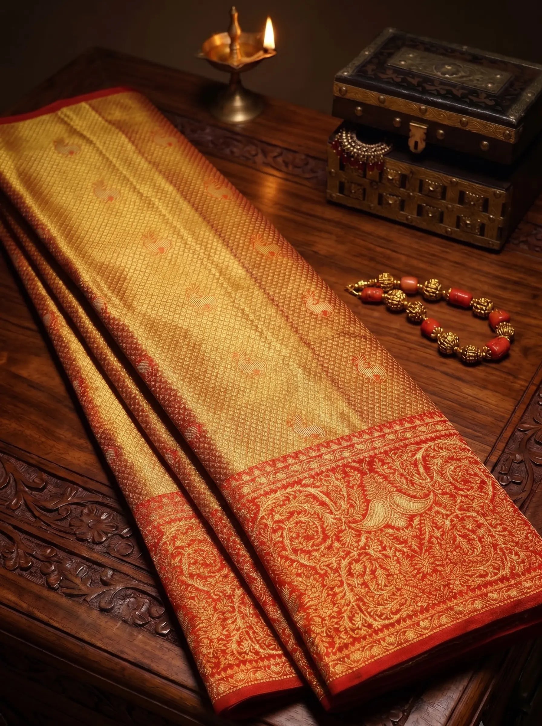 Red Bridal Kanjivaram Tissue Silk Saree with Big Zari Border