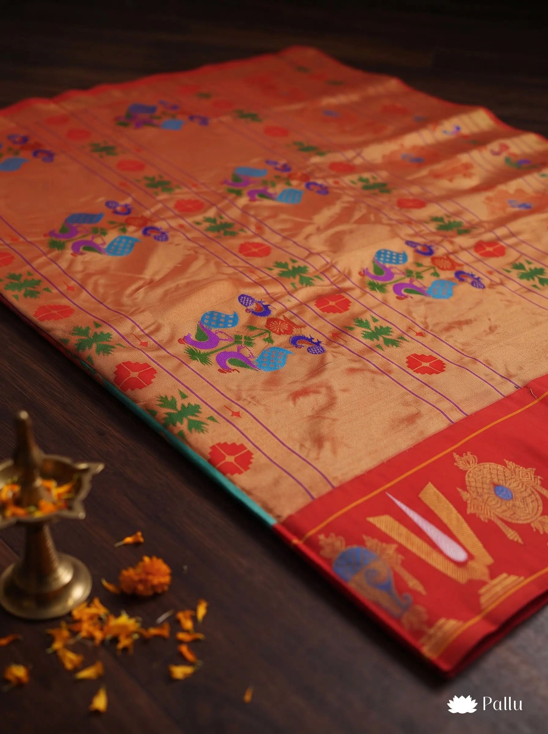 Sea Blue Gadwal Silk Handloom Balaji Shanku Chakra Namam Vratham Saree