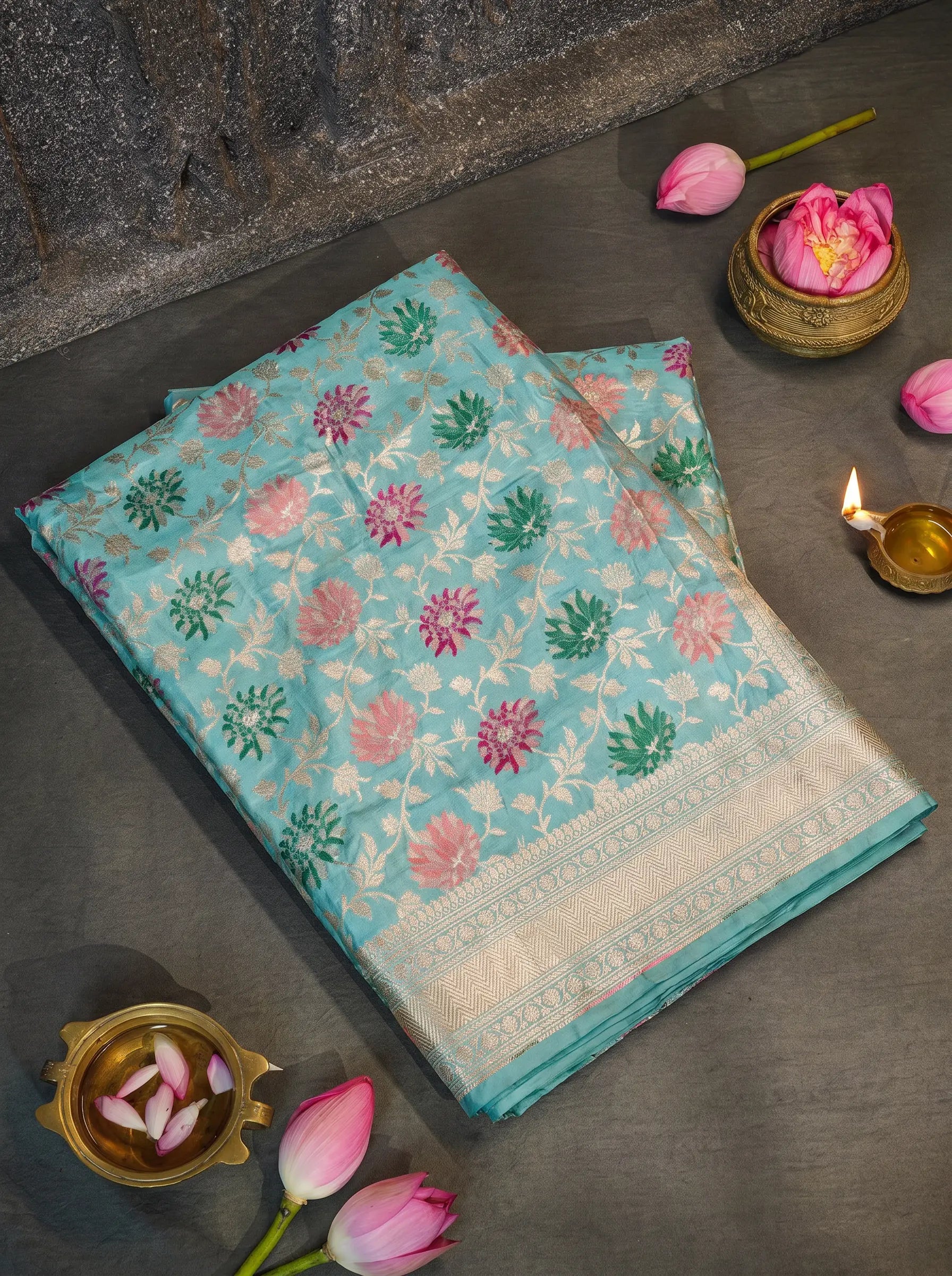 Sea Blue Pastel Tilfi Meenakari art Banarasi Katan Silk Handloom Saree