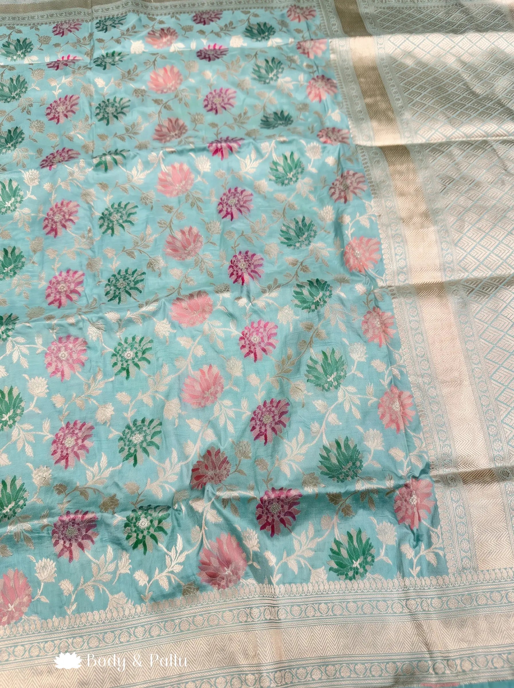 Sea Blue Pastel Tilfi Meenakari art Banarasi Katan Silk Handloom Saree