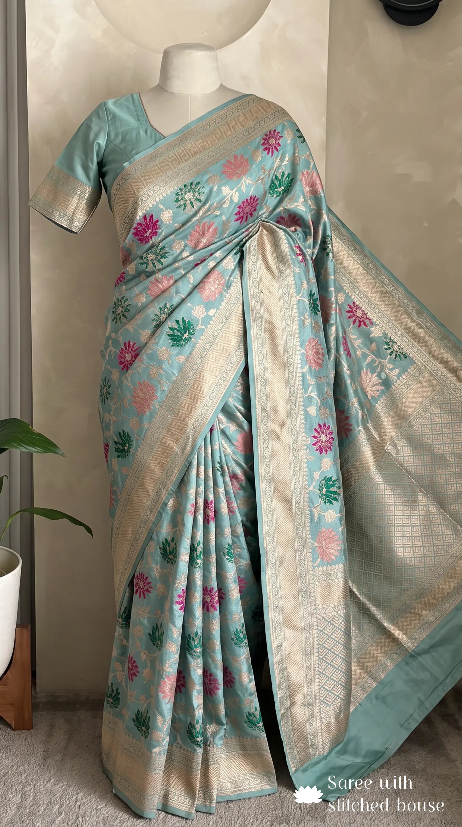 Sea Blue Pastel Tilfi Meenakari art Banarasi Katan Silk Handloom Saree