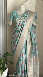 Sea Blue Pastel Tilfi Meenakari art Banarasi Katan Silk Handloom Saree