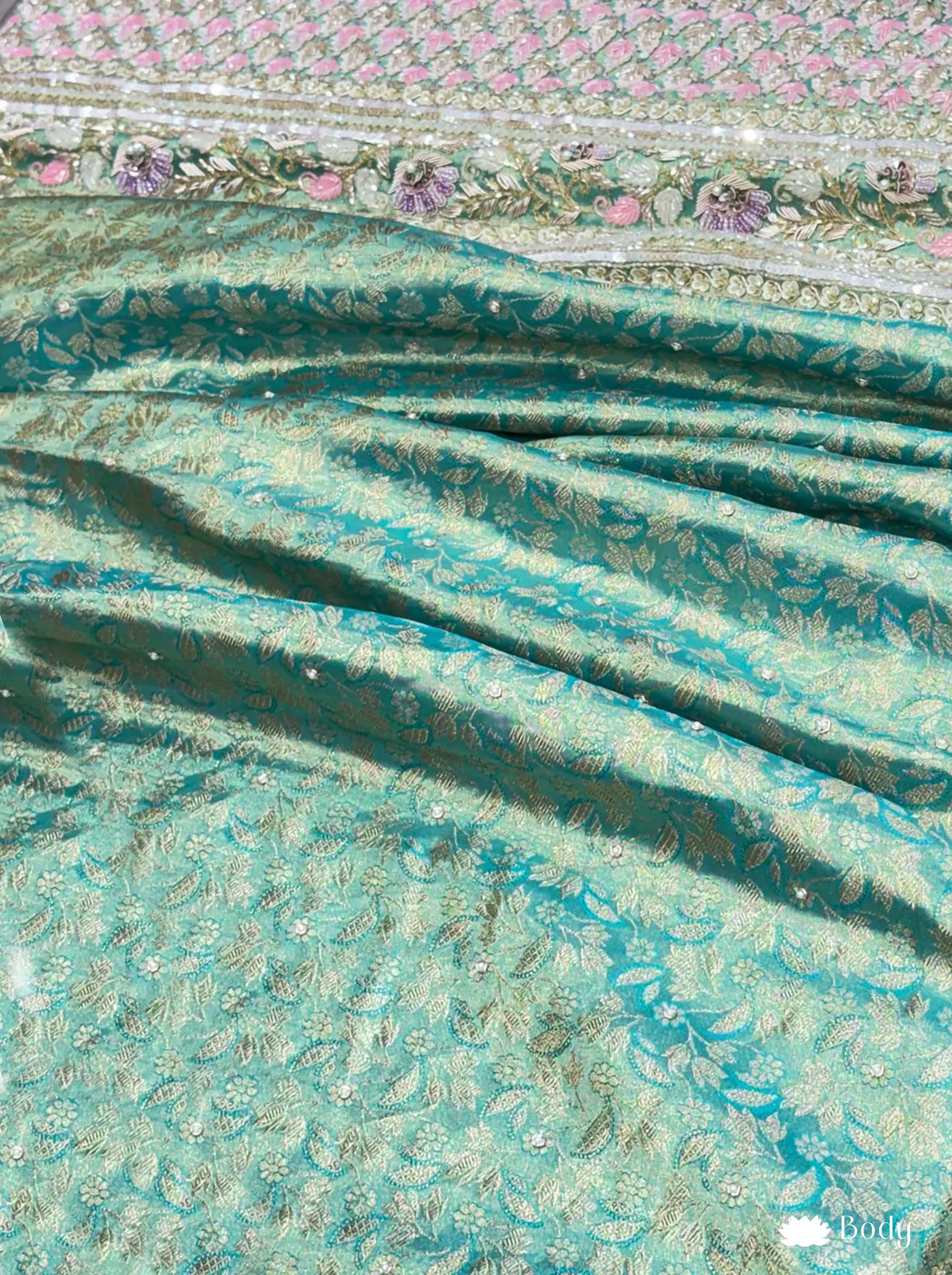 Sea Blue Kanjivaram Tissue Zardosi Embroidered Reception Saree