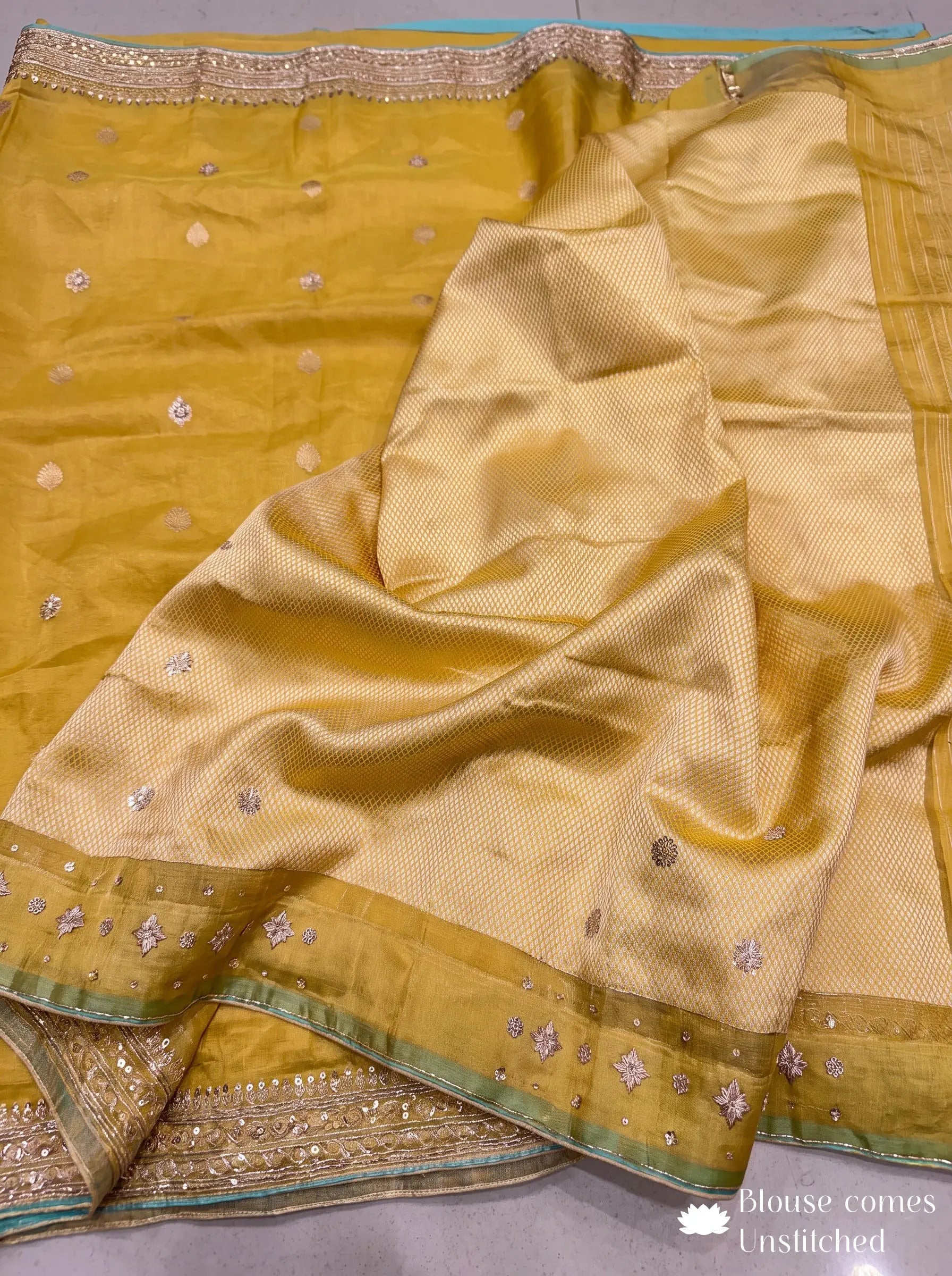 Yellow Pure Banarasi Tissue Saree Kadwa Handloom Zardosi Embroidered