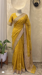 Yellow Pure Banarasi Tissue Saree Kadwa Handloom Zardosi Embroidered